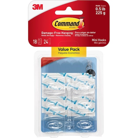 Command Mini Hooks w/Adhesive Strip, 18/PK, Clear PK MMM17006CLRVP